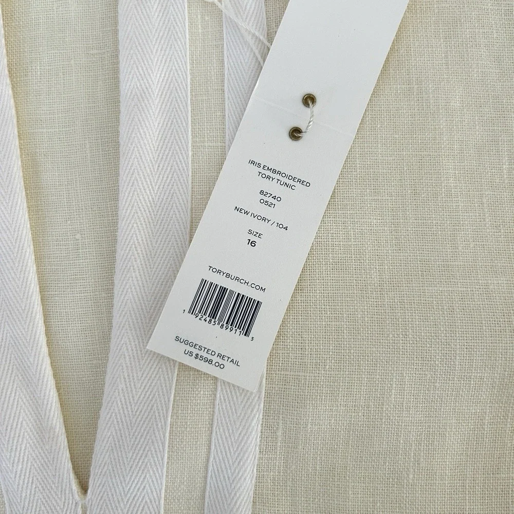 Tory Burch Women 16 Cream Ivory Multicolor 100% Linen Embroidered Tunic Top NWT